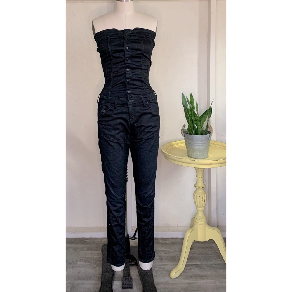 G Star Raw Denim Strapless Jumpsuit in Black Size